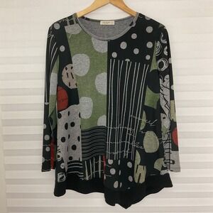 Jess & Jane Amelia Tunic Top Womens L Artsy Abstract Mixed Handkerchief Hem